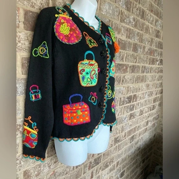 Vintage 1994 Michael Simon multi color crochet patch sweater Size S Purses - Picture 3 of 16
